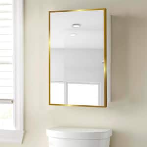 16 in. W x 28 in. H Rectangular Gold Metal Mirrored Medicine Cabinet with Mirror, Recessed or Surface Mount for Bathroom