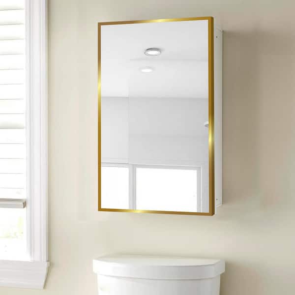 Unbranded 16 in. W x 28 in. H Rectangular Gold Metal Mirrored Medicine Cabinet with Mirror, Recessed or Surface Mount for Bathroom