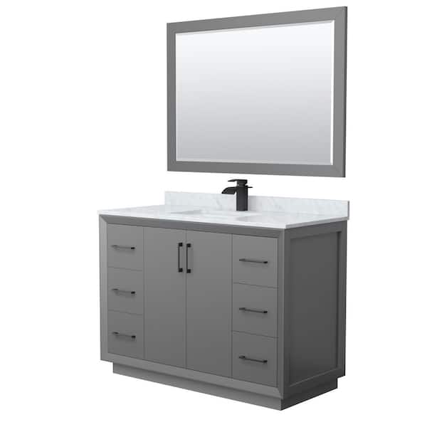 Wyndham Collection Strada 48 in. W x 22 in. D x 35 in. H Single Bath Vanity in Dark Gray with White Carrara Marble Top and 46 in. Mirror