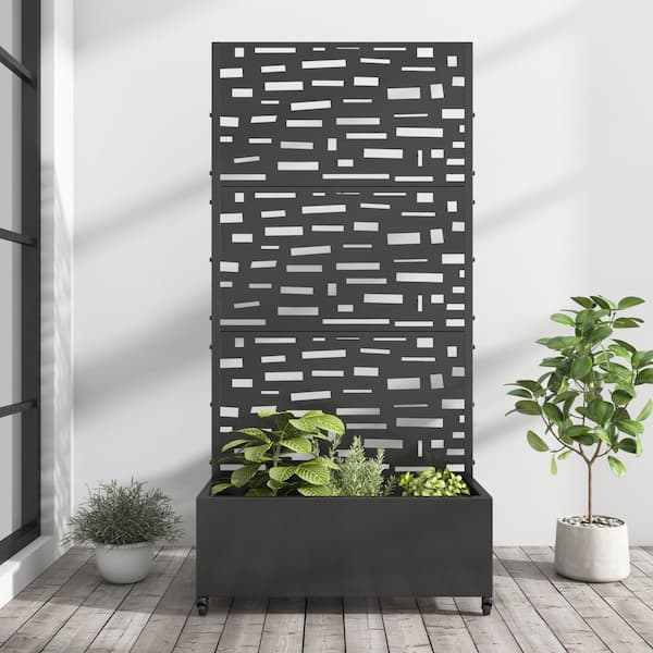 Lirago 72 in. x 35 in. Black Outdoor Metal Privacy Screen Raised Planter Box Wall Decor
