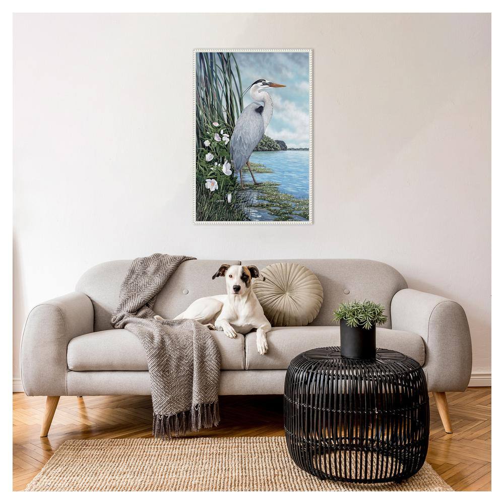 Great Blue Heron Coastal Scene Canvas Art with White Frame