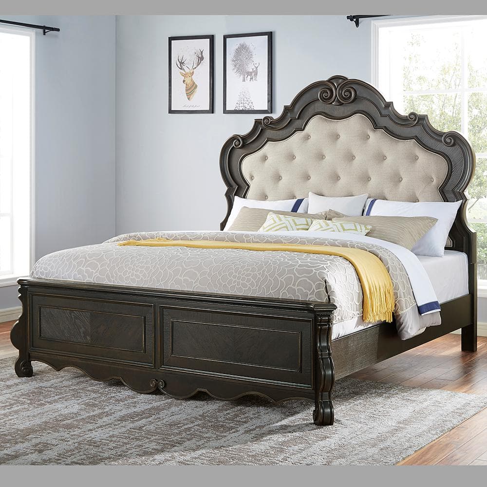 Traditional King Brown Wood Upholstered Tufted Bed