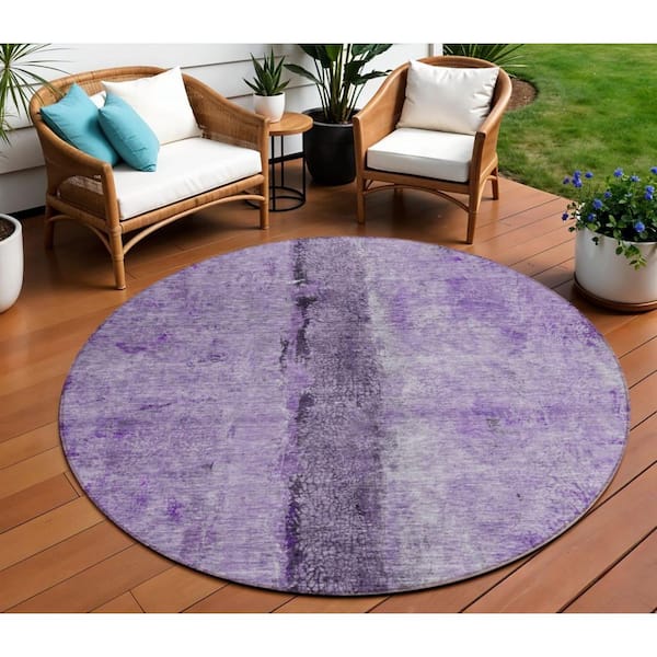 Purple, Lavender 8 ft. Round Woven Abstract Polyester Round Indoor/Outdoor Area Rug