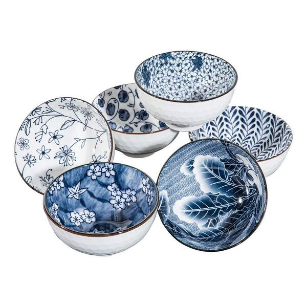 Japanese Style Ceramic Cereal Bowls, 24 oz, 6 in Diameter, Set of 6, Blue White Floral, Microwave Safe