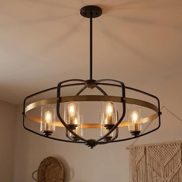 Kirkland 32 in. W x 20.75 in. H 6-Light English Bronze and Warm Brass Linear Chandelier with Clear Glass Shades