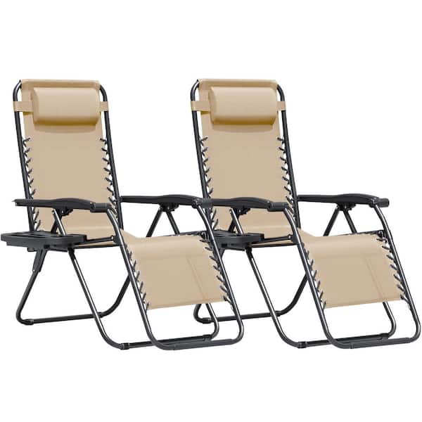 2-Piece Beige Zero Gravity Black Metal Lawn Chair Set Adjustable Folding Beach Chair with Pillows and Cup Holders