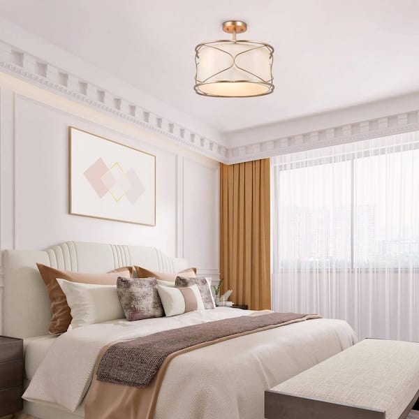 Modern Drum Ceiling Light Imogen 16 in. 3-Light Brass Gold Round Semi-Flush Mount Light with Fabric Shade