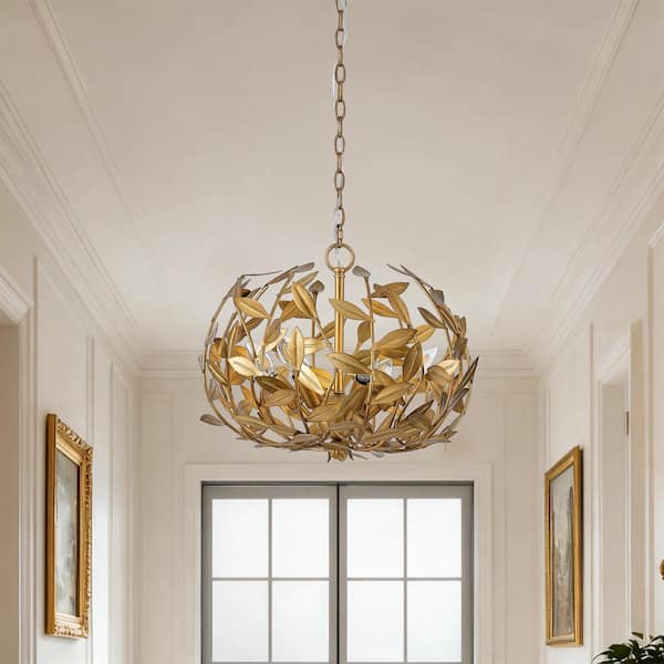 6 Light Gold Chandelier with Layers of Leaves Shade, for Living Room, Dining Room, Foyer, Kitchen