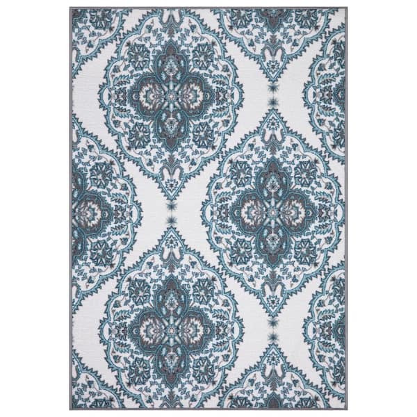 Ottomanson Basics Collection Non-Slip Rubberback Oriental Boho 3x5 Indoor Area Rug, 3 ft. 3 in. x 5 ft., Blue