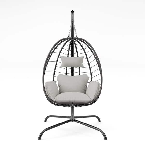 Outdoor Indoor Wicker Egg Swing Chair with Stand 350 lbs. Capacity Strong Frame Cream Cushions, Patio, Balcony, Bedroom