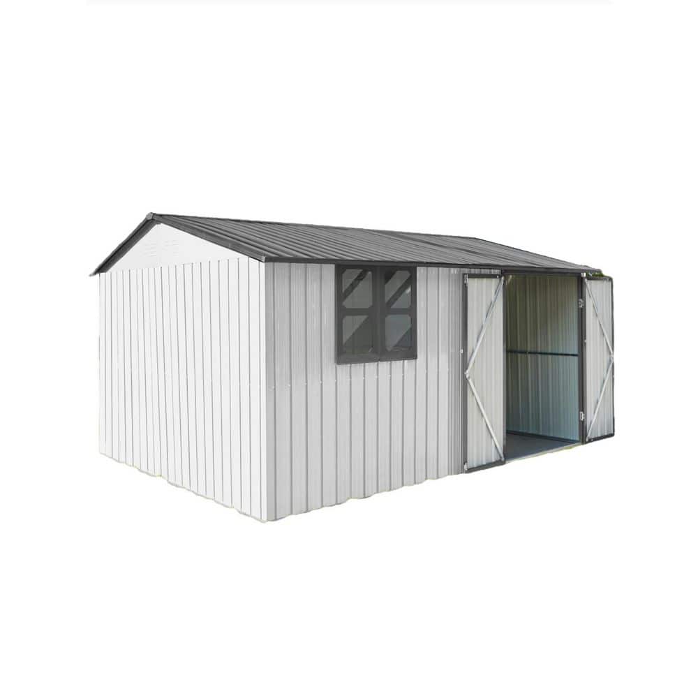 12 ft. W x 10 ft. D White Gray Metal Shed with Window and Enhanced Security