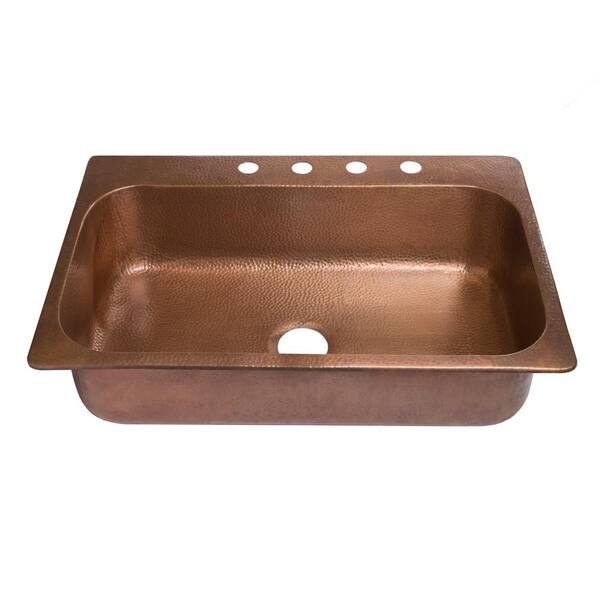 SINKOLOGY Angelico 33 in. 4-Hole Drop-in Single Bowl 17 Gauge Antique Copper Kitchen Sink