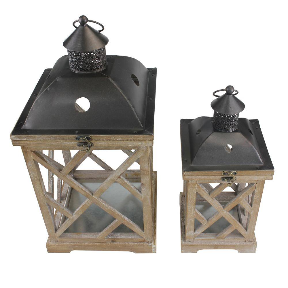 Rustic Wood and Metal Hurricane Candle Lantern Set