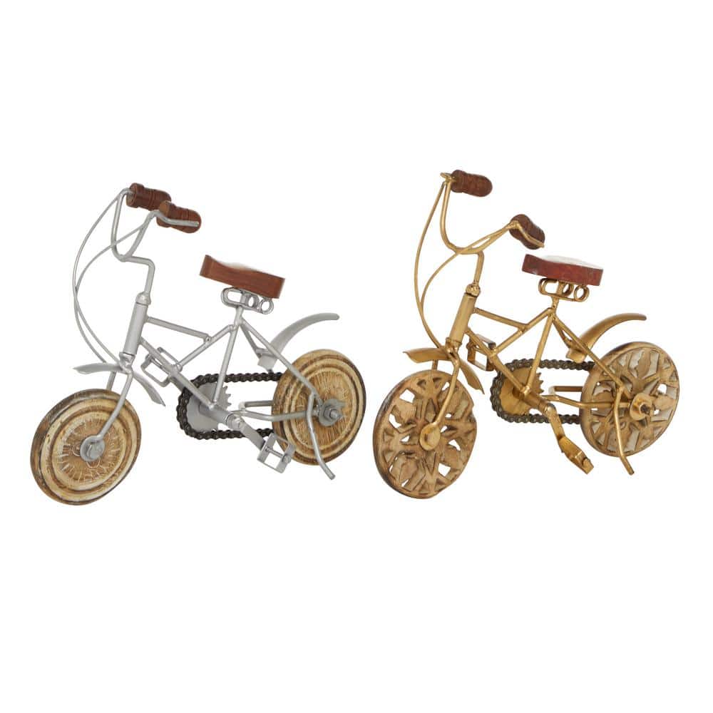 Vintage-Inspired Metallic Bicycle Statues with Wooden Accents, Set of 2