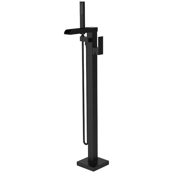 Unbranded Double-Handle Freestanding Floor Mount Brass Bathtub Faucet with Hand Shower in Matte Black