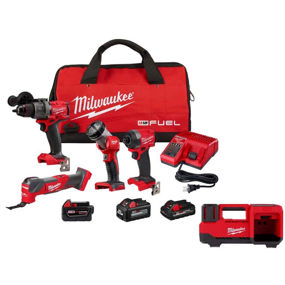 Milwaukee M18 FUEL 18-Volt Lithium-Ion Brushless Cordless Combo Kit (4-Tool) and M18 Inflator with (3) Batteries