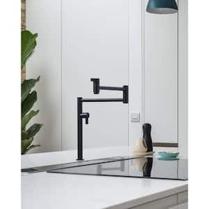 Solid Brass Deck Mount Pot Filler Faucet, Pot Filler with Stretchable Double Joint Swing Arm in Matte Black