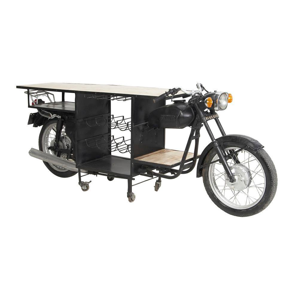 Black Metal and Mango Wood Motorcycle Bar Cart