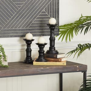 Black Mango Wood Turned Style Pillar Candle Holder (Set of 3)