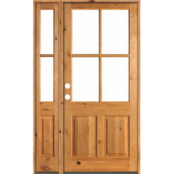 Krosswood Doors 56 in. x 96 in. Knotty Alder Right-Hand/Inswing 4-Lite Clear Glass Clear Stain Wood Prehung Front Door/Left Sidelite