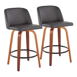 Toriano 35 in. Grey Faux Leather and Walnut Wood-Counter Height Bar Stool with Round Black Footrest (Set of 2)