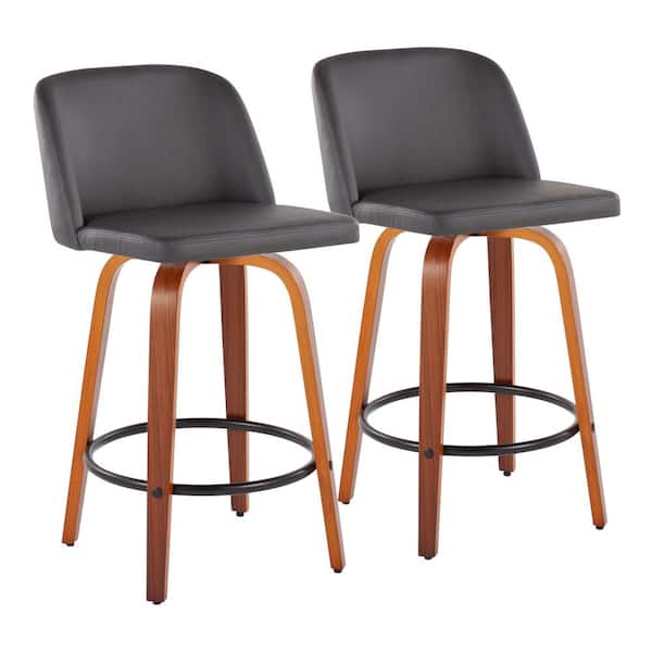 Lumisource Toriano 35 in. Grey Faux Leather and Walnut Wood-Counter Height Bar Stool with Round Black Footrest (Set of 2)
