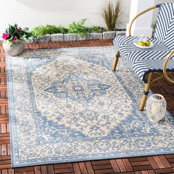Beach House Cream/Blue Doormat 2 ft. x 4 ft. Border Floral Indoor/Outdoor Area Rug