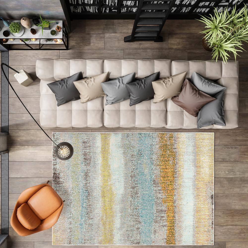 Blue and Beige Abstract Synthetic Area Rug