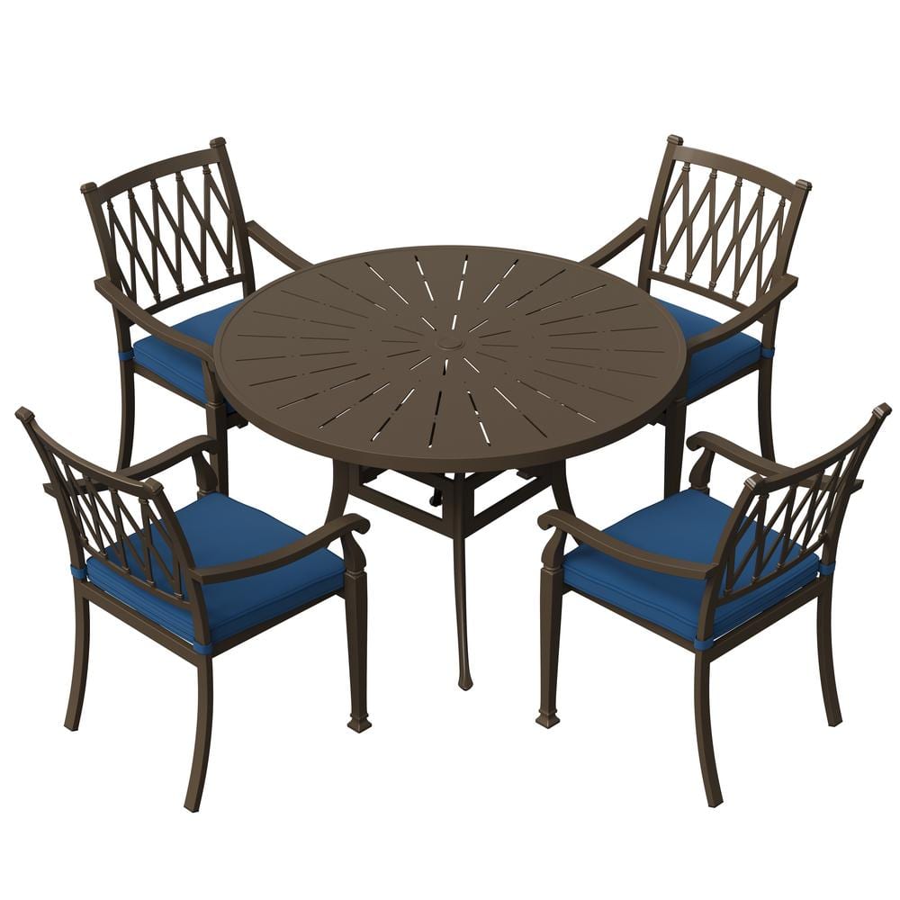 5-Piece Cast Aluminum Patio Outdoor Dining Set with Blue Cushion and 2 in. Umbrella Hole -  Clihome, CL-LD48YJG5P-BU