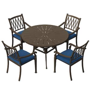 5-Piece Cast Aluminum Patio Outdoor Dining Set with Blue Cushion and 2 in. Umbrella Hole