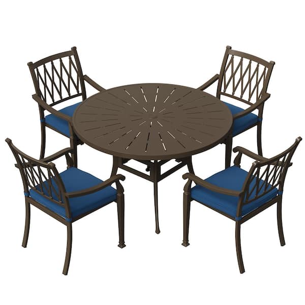 Clihome 5-Piece Cast Aluminum Patio Outdoor Dining Set with Blue Cushion and 2 in. Umbrella Hole