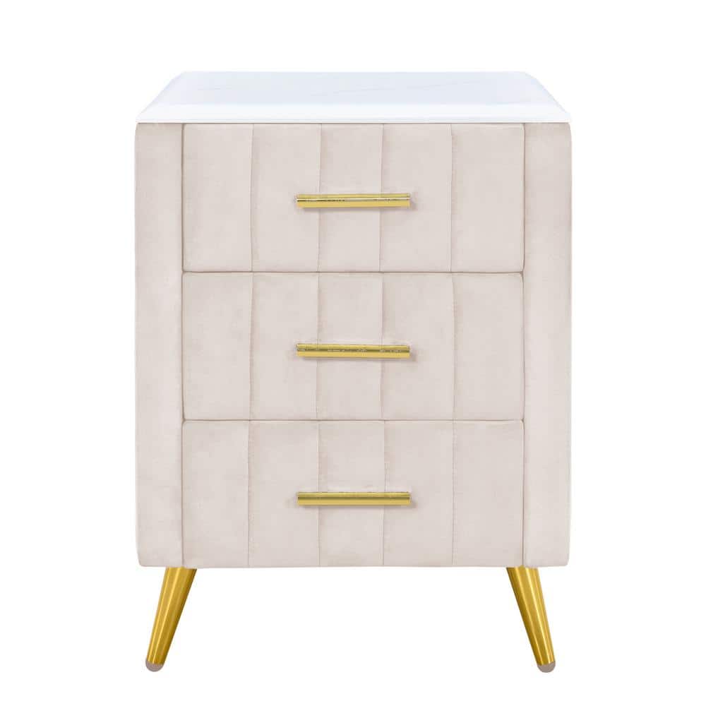 Beige Wood Metal Outdoor Side Table with 3 Drawers, Upholstered Wooden Nigh