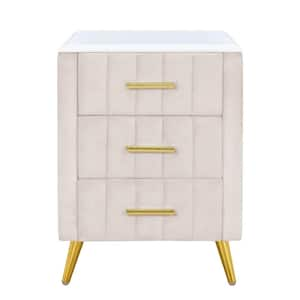 Beige Wood Metal Outdoor Side Table with 3 Drawers, Upholstered Wooden Nightstand, Handles Marbling Worktop