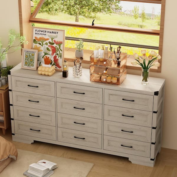 FUFU&GAGA Beige Wooden Grain 12 Drawers 69.1 in. Width x 15.9 in. Depth Dresser, Chest of Drawers, Sideboard without Mirror