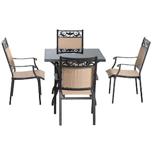 5-Pieces Metal Outdoor Patio Dining Set 4 Textilene Dining Chairs and Square Dining glass top Table with Umbrella Hole