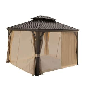 10 ft. x 12 ft. Outdoor Brown Hardtop Gazebo with Curtains and Hooks