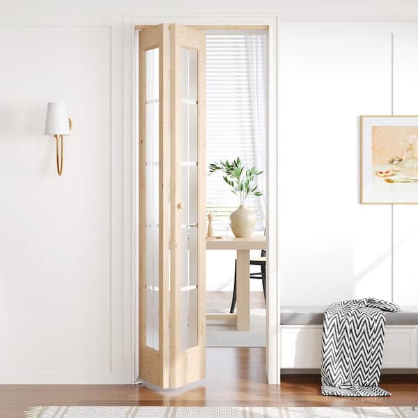 32 in. x 80 in. 3/4 Lite Frosted Glass Preassembled Solid Core Wood Spruce Bi-Fold Door with Hardware