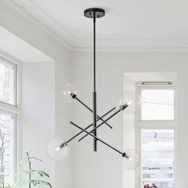 Y'INSP 4 Light Black Mid Century Modern Sputnik Bubble Chandelier Light Fixtures for Dining Room with Clear Glass Shade