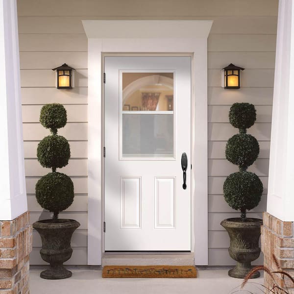 Masonite 30-in x 80-in Steel Half Lite Right-Hand Inswing Primed Prehung Single Front Door with Brickmould Insulating Core with Blinds