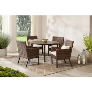 Fernlake 5-Piece Taupe Wicker Outdoor Patio Dining Set with CushionGuard Almond Tan Cushions