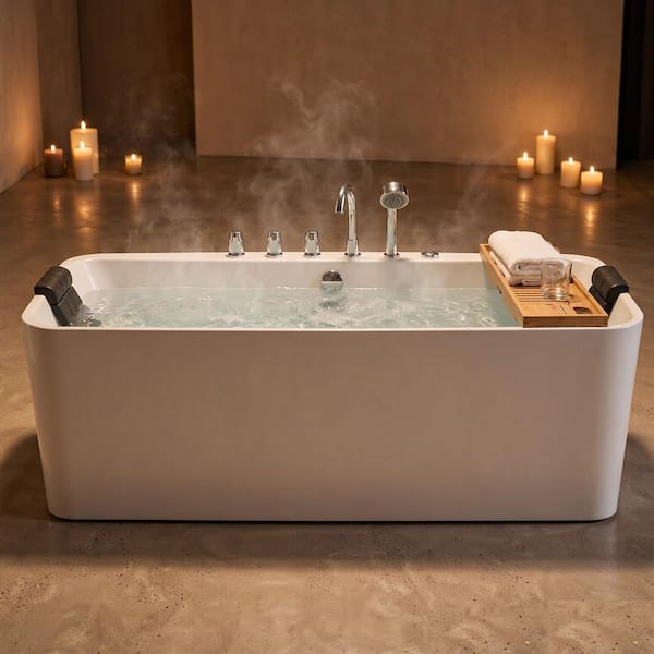 Luxury 67 in. Center Drain Acrylic Freestanding Flatbottom Whirlpool Bathtub in White with Faucet