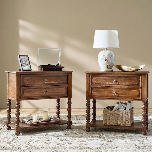 June 30 in. Walnut Square Wood End Table with Built-in Charging Outlets (Set of 2)