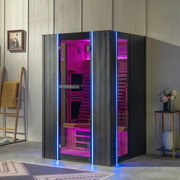 2-Person Indoor Japanese Douglas Fir Infrared Sauna with Red Light Therapy, Bluetooth Speaker, Smart Control Panel