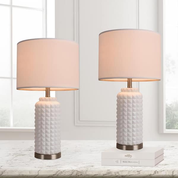 Simpol Home SIMPOL HOME 25 in. White Indoor Ceramic Table Lamp (Set of 2) with Linen Shade for Bedroom Living Room Vintage Bedside