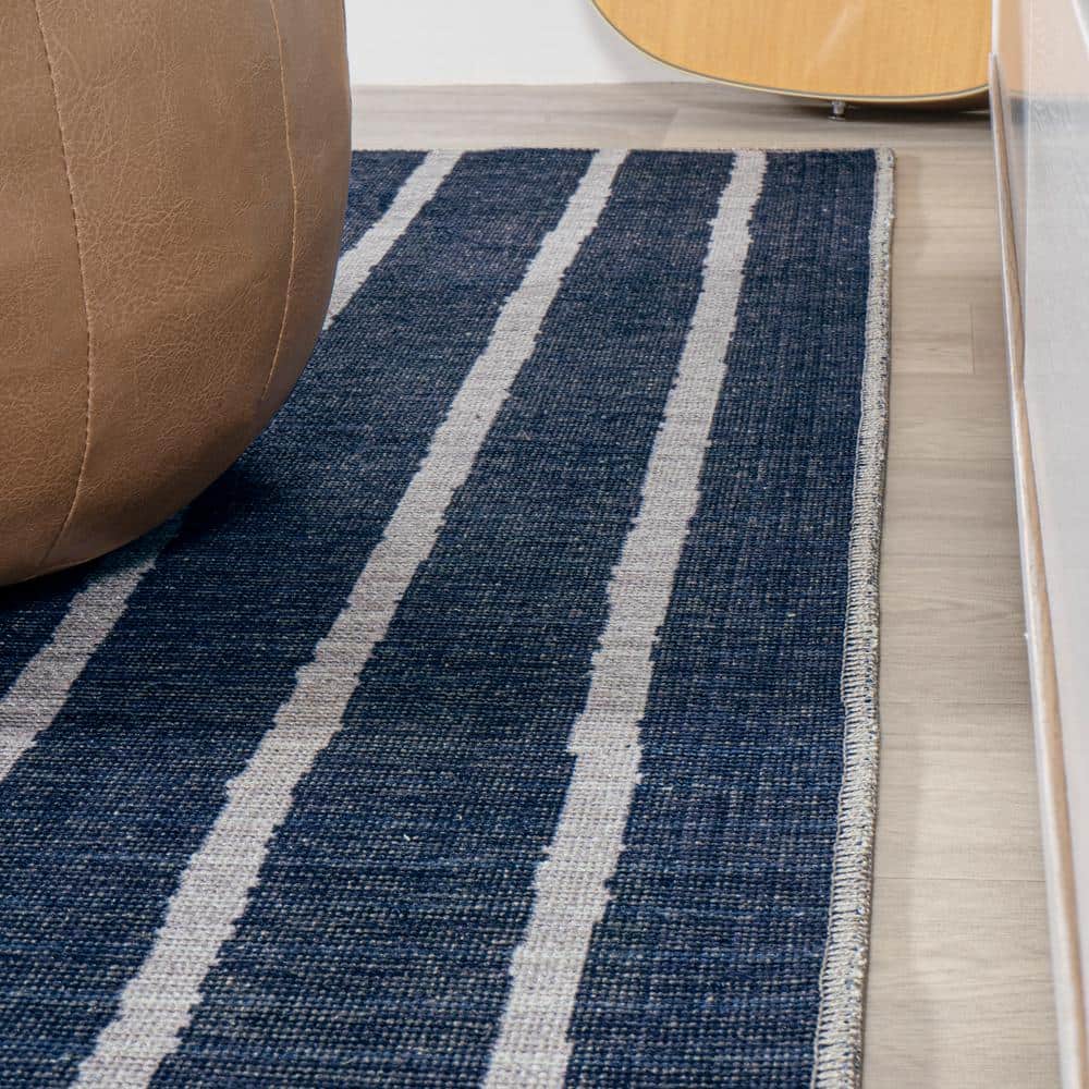 Ivory and Navy Striped 8' x 10' Machine-Washable Rug