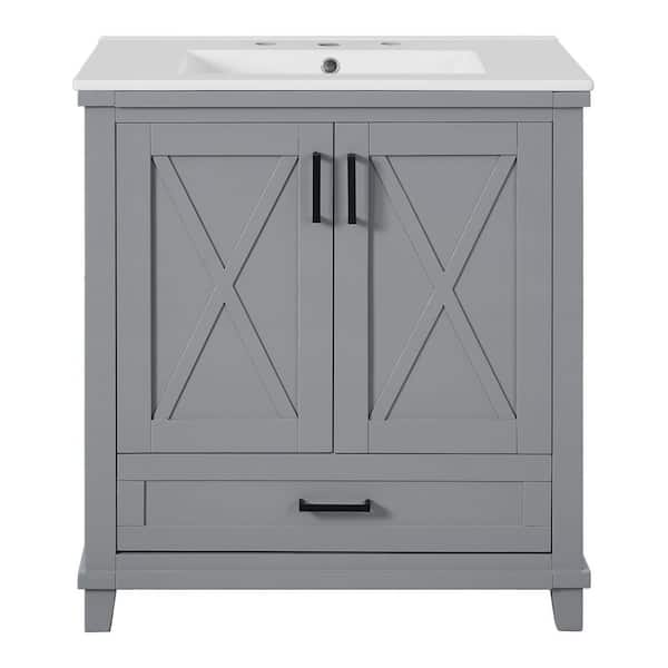 30 in. Freestanding Gray Bath Vanity with White Ceramic Top Unassembled