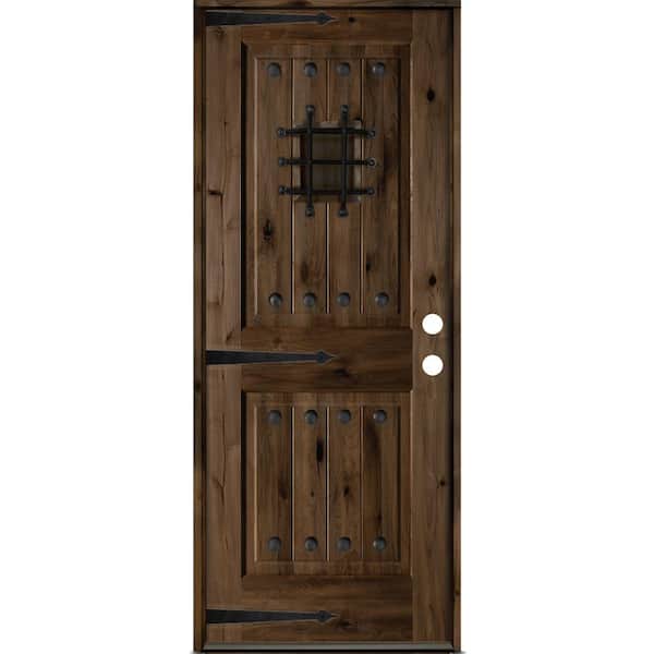 30 in. x 80 in. Mediterranean Knotty Alder Left-Hand/Inswing Glass Speakeasy Black Stain Wood Prehung Front Door