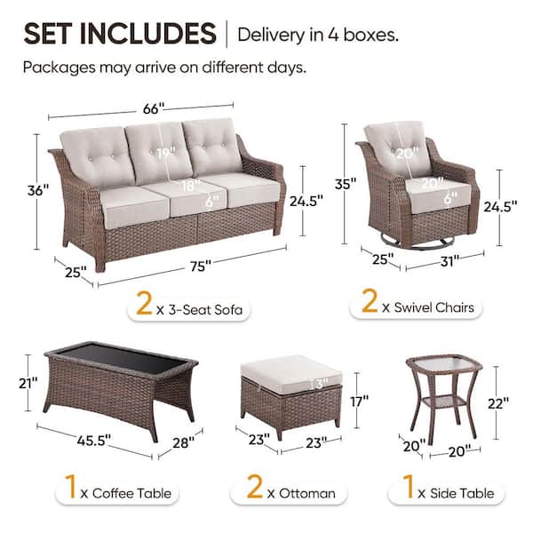 Modern Farmhouse 8-Piece Brown Wicker Patio Conversation Set with 6 In. Beige Cushions/3-Seat Sofa with Swivel Chairs