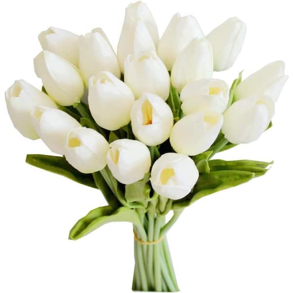 20-Piece White Flowers Artificial Tulip Silk Fake Flowers 8 in. D x 14 in. W x 6 in. H