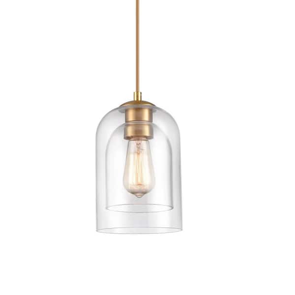 CLAXY 60 Watt 1 Light Gold Finished Shaded Pendant Light with Clear glass Glass Shade and No Bulbs Included
